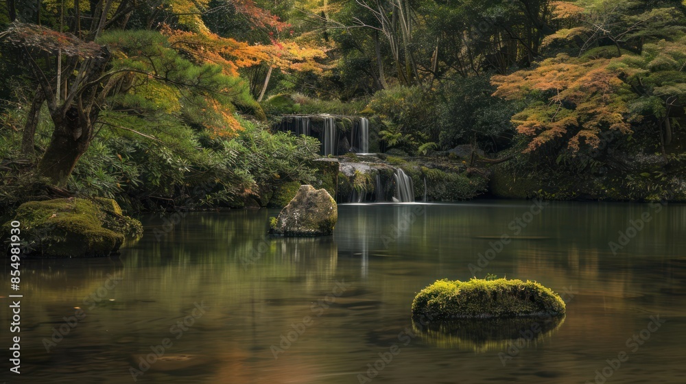 Tranquil Forest Waterfall with Autumn Foliage - A serene forest waterfall surrounded by autumn foliage, reflecting in a calm pond, perfect for nature and Zen-inspired designs. Tranquil Forest Waterfall with Autumn Foliage - A serene forest waterfall surrounded by autumn foliage, reflecting in a calm pond, perfect for nature and Zen-inspired designs.
