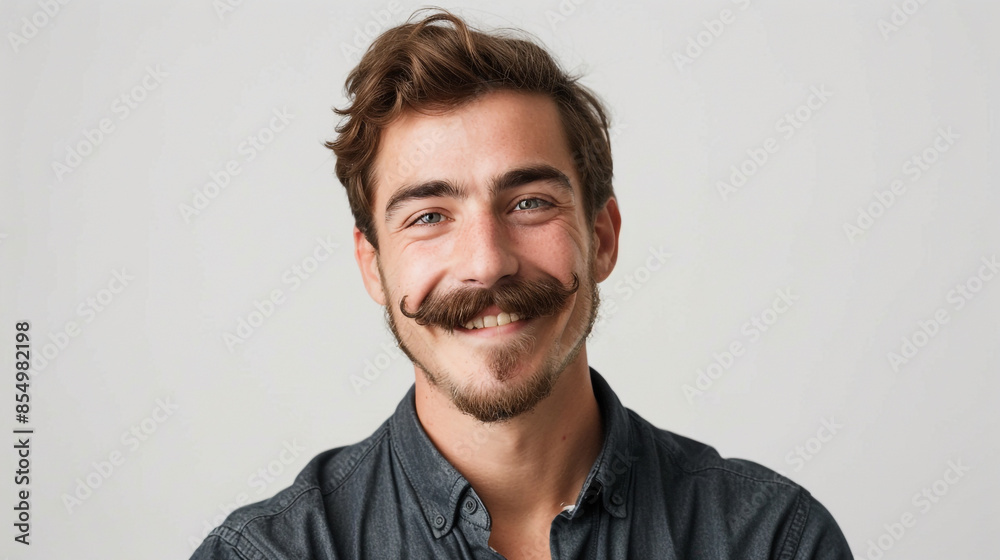 A handsome lively friendly young latin american Italian guy with handlebar english moustache and beard smile for the camera white background 04