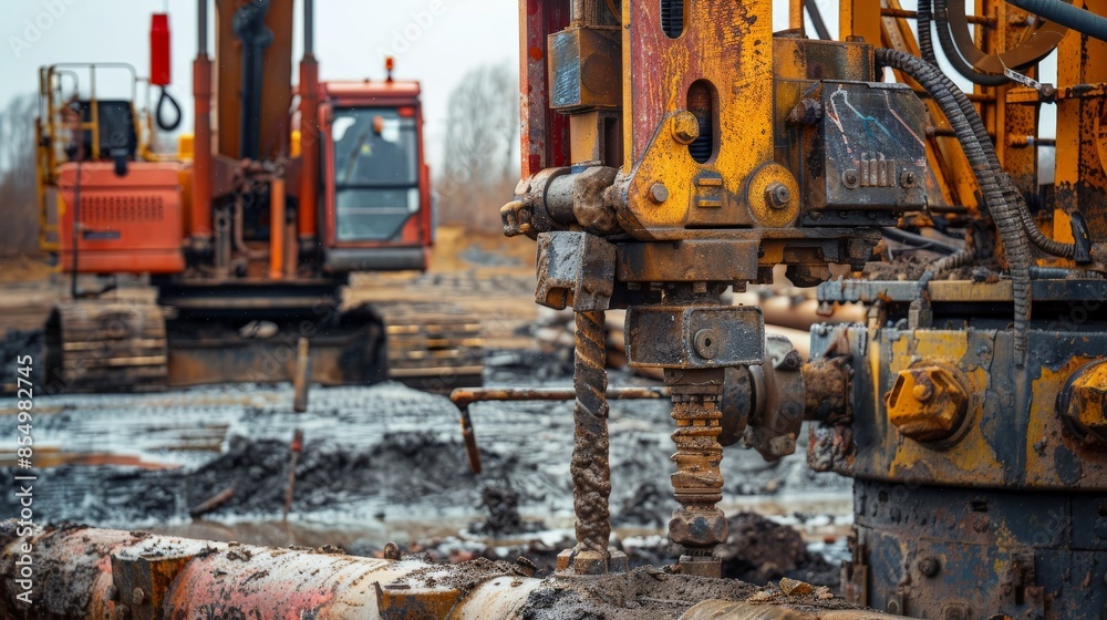 The image shows a large yellow and red drilling rig with a long metal ...