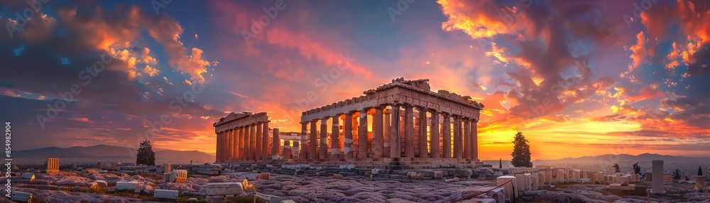 Ancient Greek-style temple, golden hour glow, dramatic skies, wide-angle view, rich warm tones, intricate details illuminated, tranquil and timeless, sky ablaze with colors