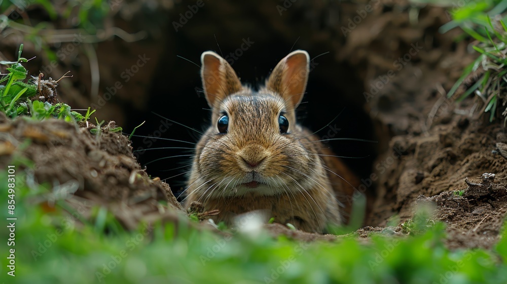 A curious rabbit peeked out of its burrow with wide, inquisitive eyes and long ears, surrounded by lush green grass with the burrow entrance in the background A curious rabbit peeked out of its burrow with wide, inquisitive eyes and long ears, surrounded by lush green grass with the burrow entrance in the background