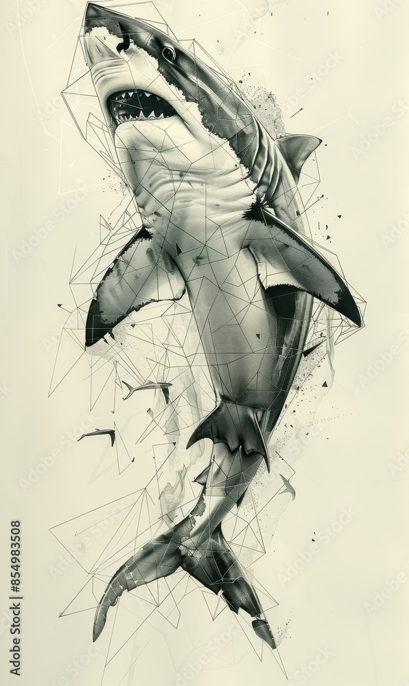 Abstract Geometric Illustration of a Great White Shark in Monochrome with Dynamic Lines and Shapes Abstract Geometric Illustration of a Great White Shark in Monochrome with Dynamic Lines and Shapes
