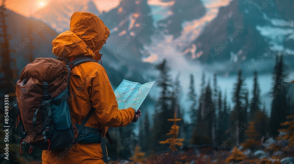 An adventurous hiker clad in a bright yellow jacket studies a map amidst the stunning backdrop of rugged mountains partially covered with snow. An adventurous hiker clad in a bright yellow jacket studies a map amidst the stunning backdrop of rugged mountains partially covered with snow.