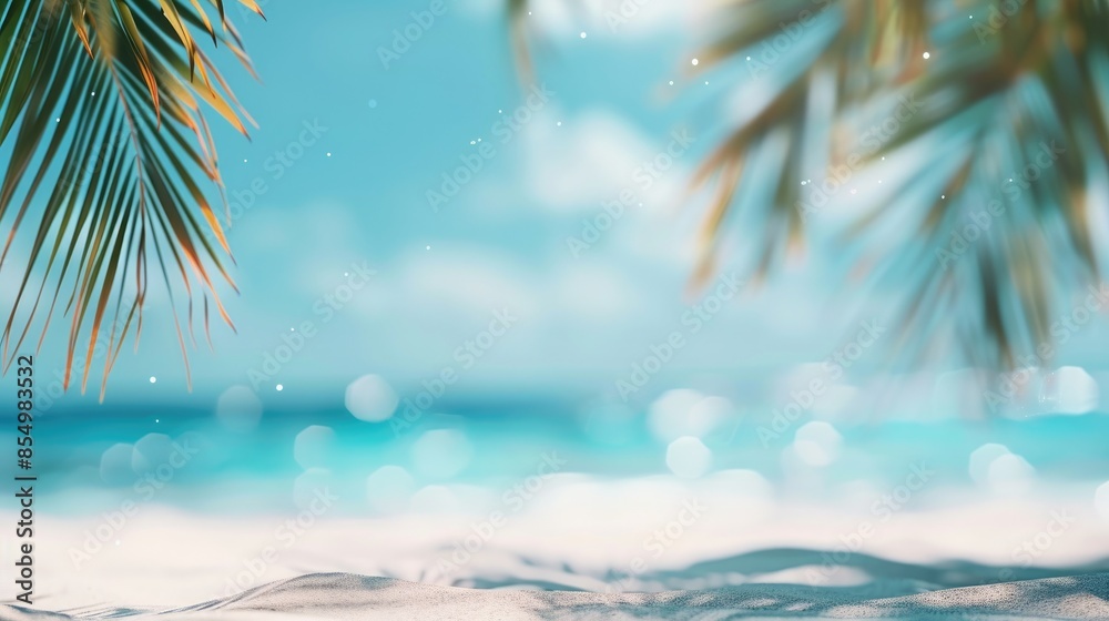 Beautiful tropical background with palm leaves and sand, closeup. Summer mock-up for presentation Beautiful tropical background with palm leaves and sand, closeup. Summer mock-up for presentation