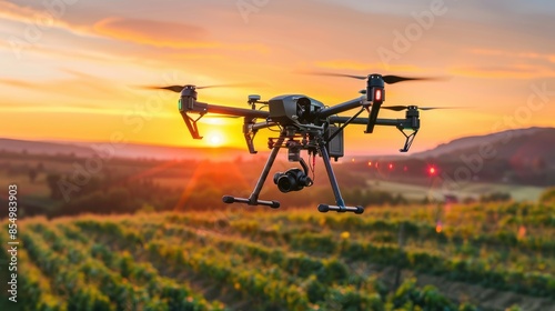 High-tech drones in action over expansive agricultural landscapes, showcasing the innovative approach to farming with cutting-edge technology photo