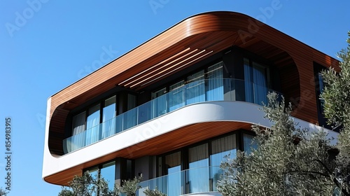 Modern architecture with innovative design elements and sustainable materials, set against a clear blue sky