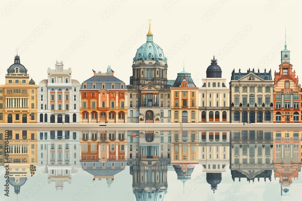 Fototapeta premium Illustrations of a row of buildings reflected in still water at dusk.