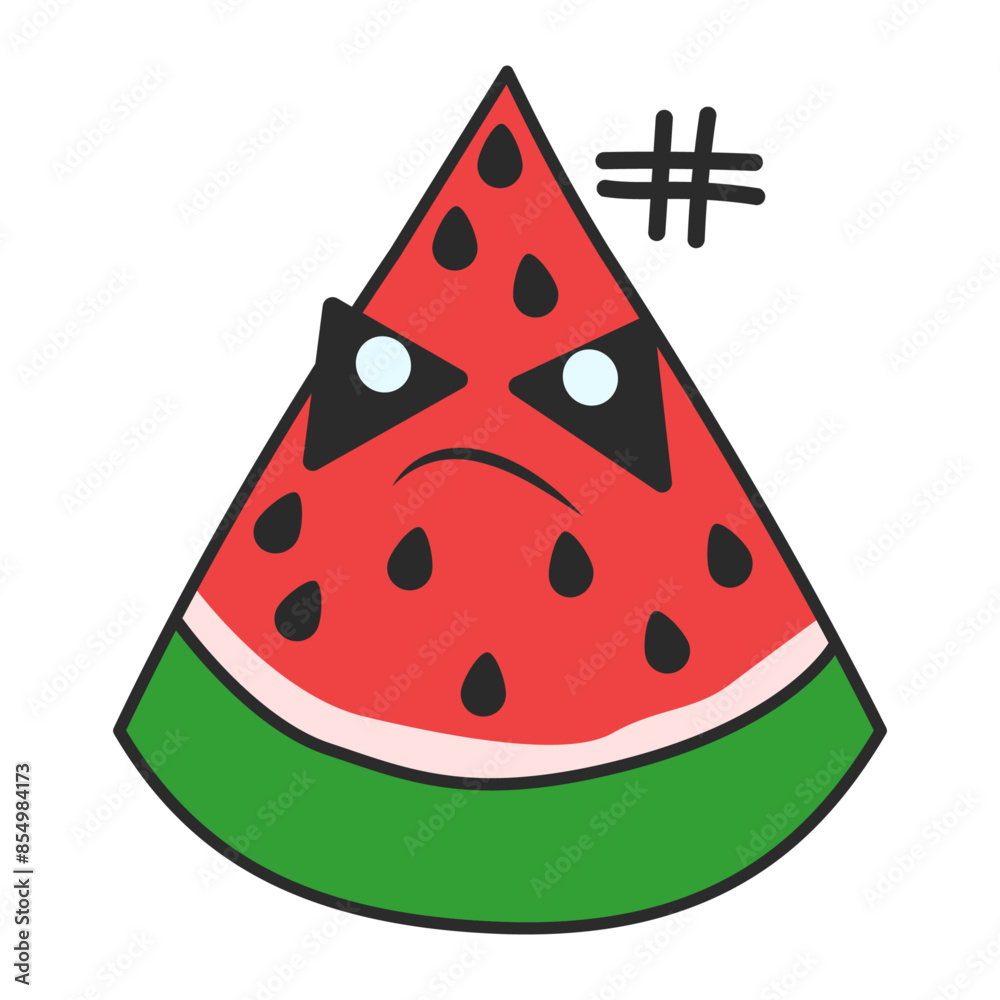 Cute kawaii hand drawn watermelon doodle with angry face colorful vector illustration