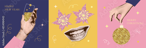 Set of greeting cards in Halftone collage style. 2025 Concept of holidays. Human hand holding Christmas tree toy, wine glass with glitter shine. Smile with poinsettia eyes. Vector vintage illustration