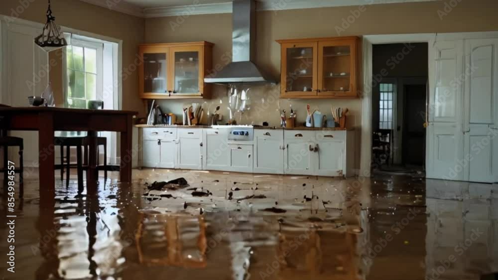 Flooded Kitchen Interior with Water Damage