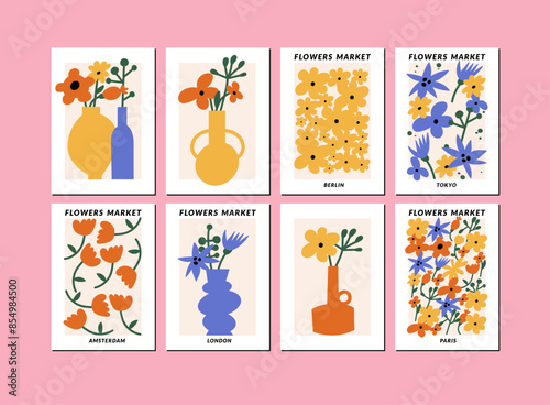 Vector illustration set of colorful botanical posters with different flowers. Naive groovy funky arts for for postcards, wall art, banner, background