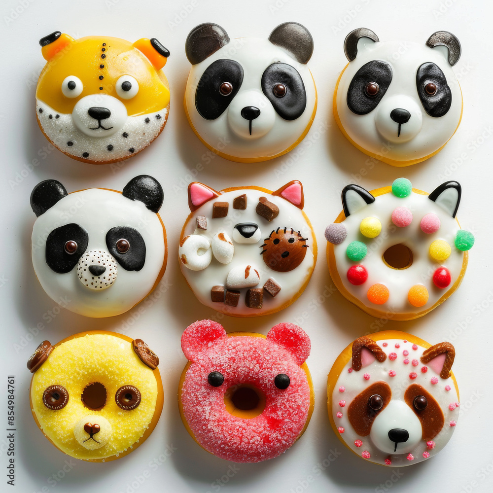 A high-resolution image of animals made from donuts. Each donut is decorated to resemble a different animal, such as a panda, cat, or dog, using icing and candy pieces. A high-resolution image of animals made from donuts. Each donut is decorated to resemble a different animal, such as a panda, cat, or dog, using icing and candy pieces.