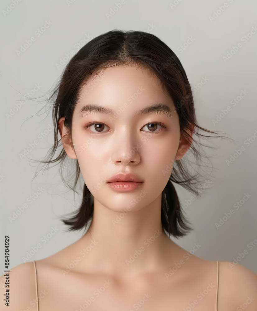 Studio shot of a Beautiful Asian idol girl with healthy skin looking at the camera. Natural makeup of a beautiful model with copy space. Cosmetic concept.