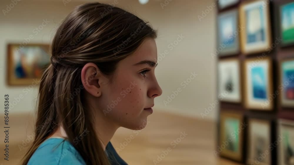 Young Woman Admiring Artwork in an Art Gallery Young Woman Admiring Artwork in an Art Gallery
