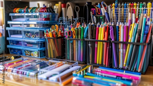 An extensive array of neatly organized colorful office and art supplies on a shelf, featuring pens, pencils, markers, scissors, and various crafting tools