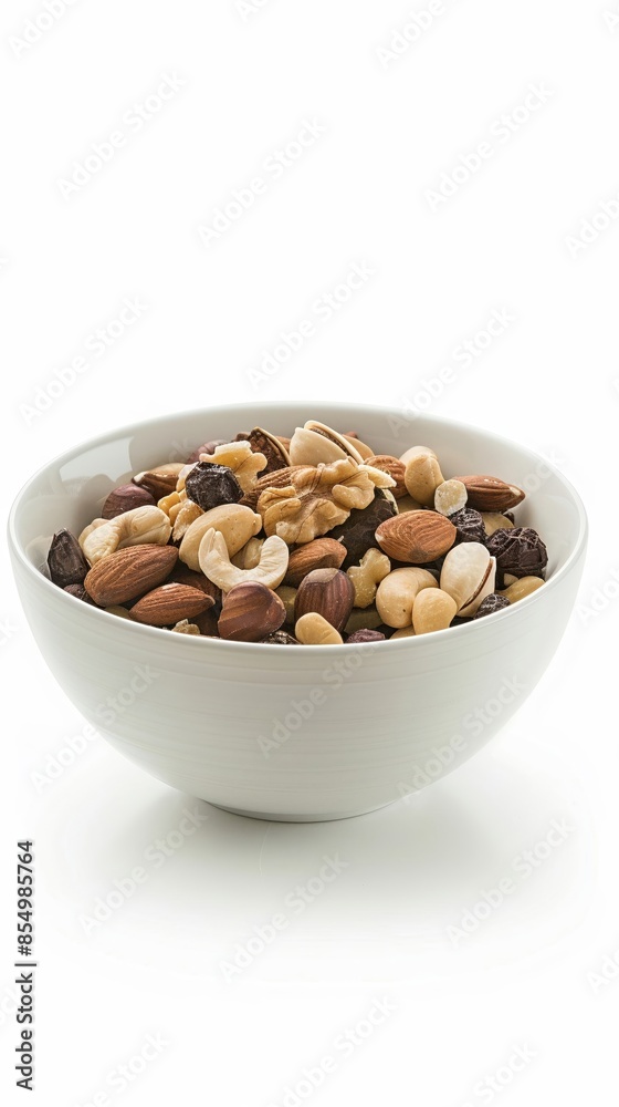 A bowl of mixed nuts, isolated on a white background, studio lighting to highlight the variety and texture, ideal for healthy snack advertising A bowl of mixed nuts, isolated on a white background, studio lighting to highlight the variety and texture, ideal for healthy snack advertising