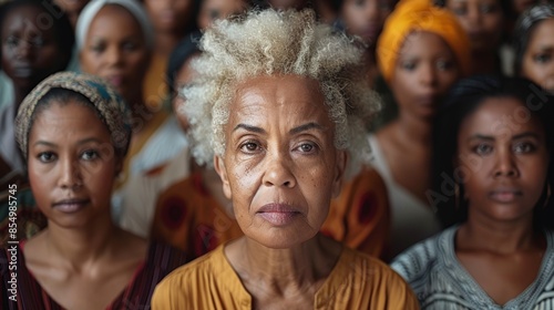 A diverse group of women of various ages and backgrounds stands together, featuring an elderly woman in front, exuding strength and wisdom © aicandy