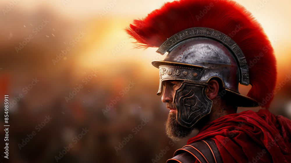Side profile of a Roman centurion wearing a red plume helmet and armor, with a determined expression, set against a blurred background of a battlefield at sunset. Side profile of a Roman centurion wearing a red plume helmet and armor, with a determined expression, set against a blurred background of a battlefield at sunset.