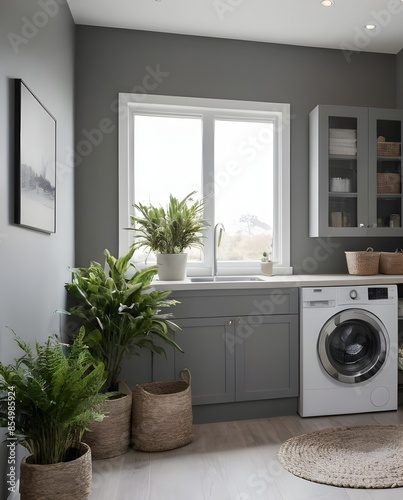 Modern Laundry Room with White Brick Wall and Wooden Floor.