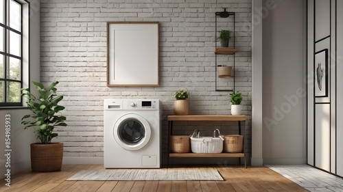Modern Laundry Room with White Brick Wall and Wooden Floor.