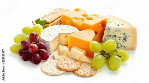 A gourmet cheese platter with assorted cheeses, grapes, and crackers, isolated on a white background with studio lighting for elegance and appeal