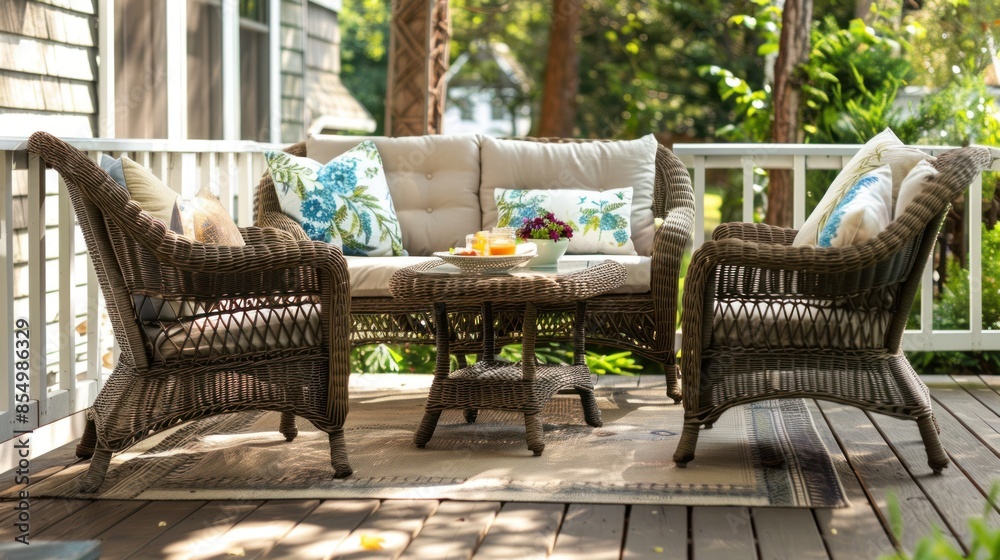 A set of rattan sofas with beige cushions is arranged together on a balcony in a beautiful garden. A set of rattan sofas with beige cushions is arranged together on a balcony in a beautiful garden.