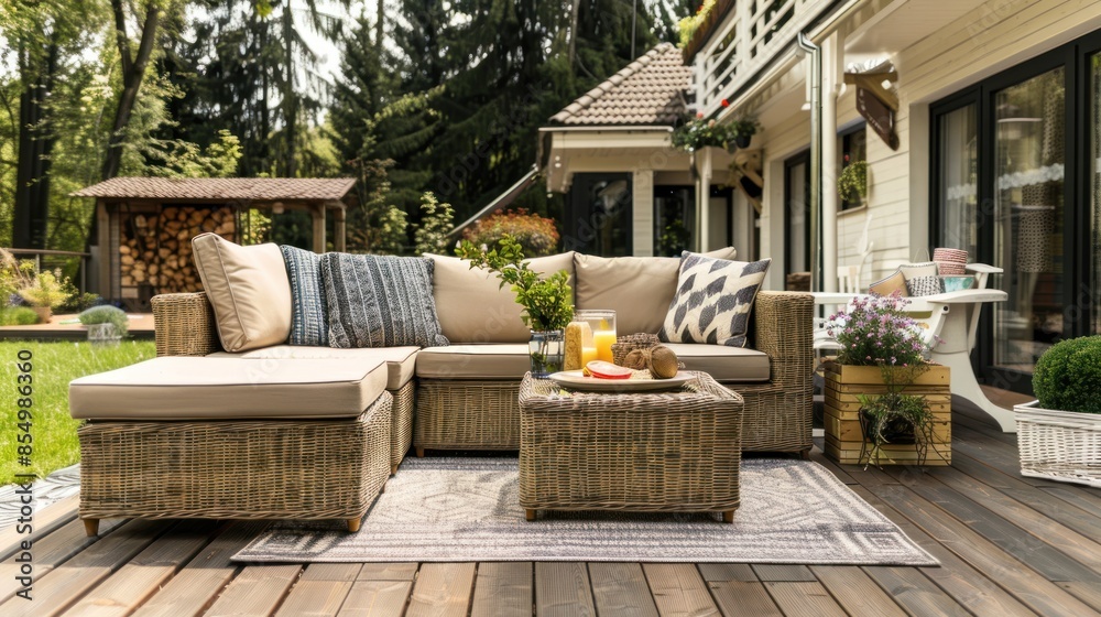 Obraz premium A set of rattan sofas with beige cushions is arranged together on a balcony in a beautiful garden.
