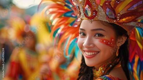 A woman smiles brightly while wearing a colorful headdress and face paint at a festival.