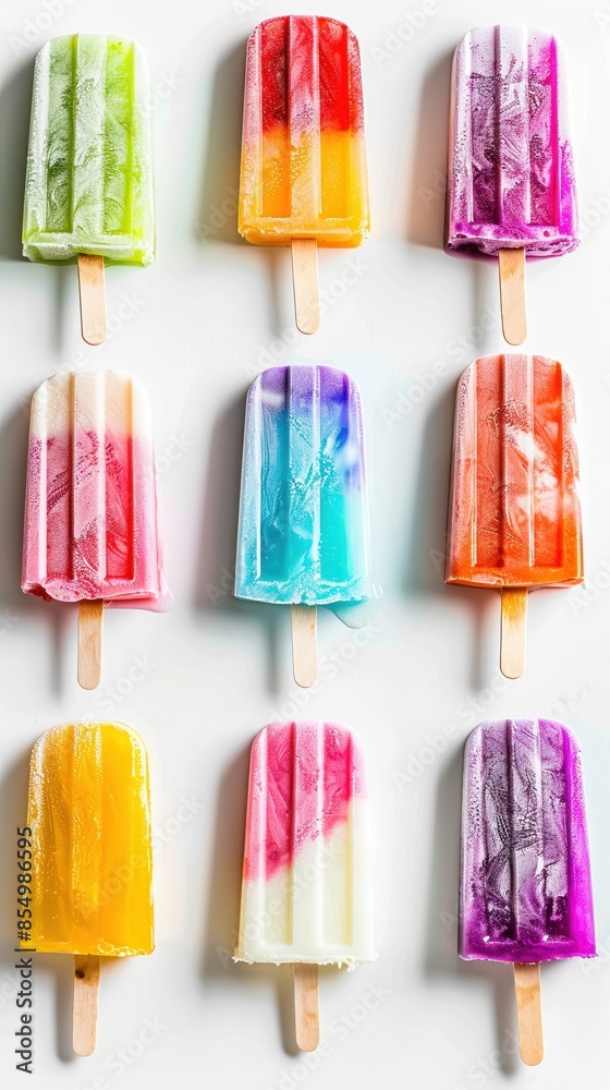A selection of colorful popsicles, isolated on a white background, studio lighting to capture their frosty texture and vibrant colors A selection of colorful popsicles, isolated on a white background, studio lighting to capture their frosty texture and vibrant colors