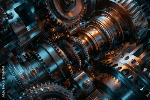 Intricate Machinery and Gears in Motion Representing the Inner Workings of Industry, Close-Up Digital Art Depicting Mechanical Precision and Industrial Engineering.