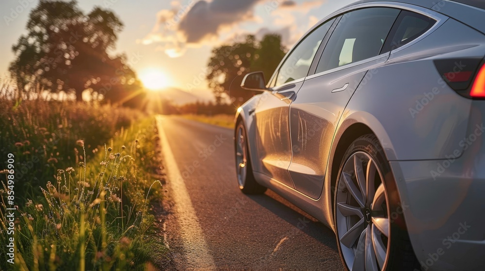 Fototapeta premium A stylish electric car driving on a scenic road during sunset, with trees and clouds creating a picturesque backdrop.