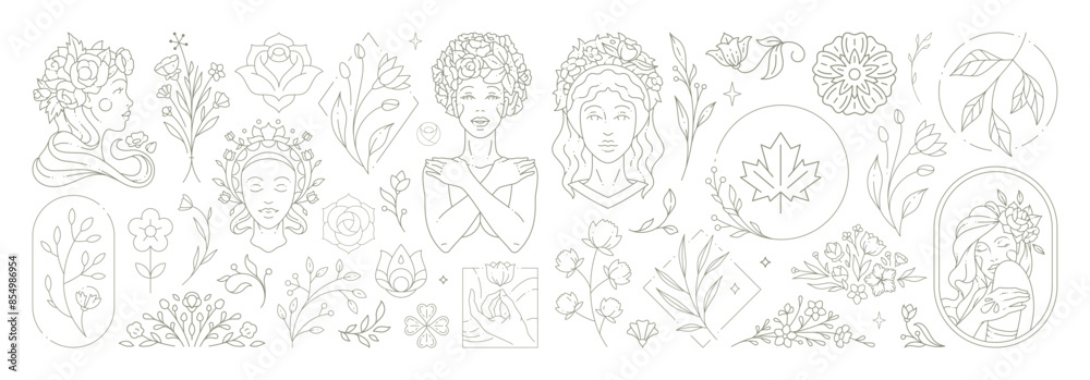 Beautiful flowers collection with botanical plants and leaves. Decorative line art flower emblems.
