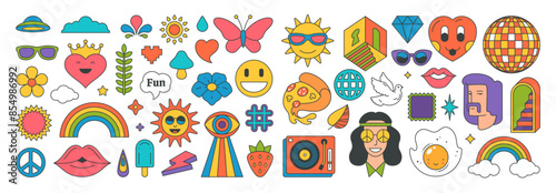Collection multicolored retro groovy stickers elements decorative design vector illustration