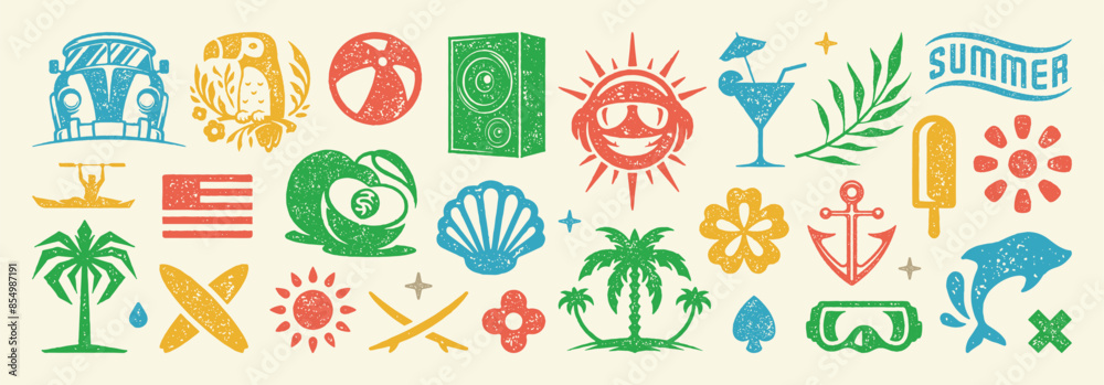 Fototapeta premium Set of Summer holidays symbols and objects vector illustration. Collection of vacation elements