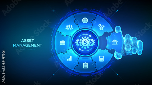 Asset management. Business investment banking payment technology concept on virutal screen. Wireframe hand places an element into a composition visualizing Asset management. Vector illustration.