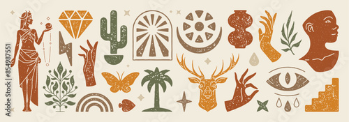 Trendy boho shapes and women illustrations set