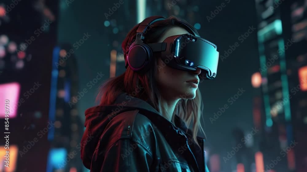 Woman Wearing VR Headset Experiencing a Futuristic Cityscape