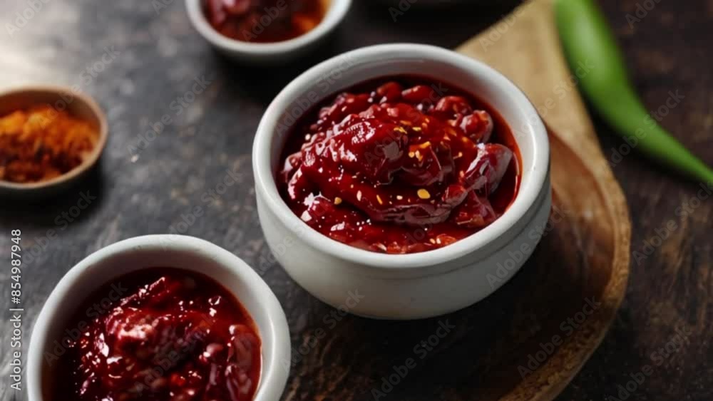 Close-up of Spicy Red Chili Sauce in White Bowls with Green Chili Pepper and Turmeric Powder Close-up of Spicy Red Chili Sauce in White Bowls with Green Chili Pepper and Turmeric Powder
