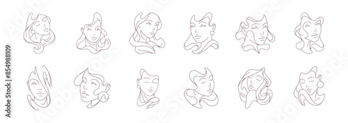 Set hand drawn abstract minimalistic woman portrait continuous line art vector illustration