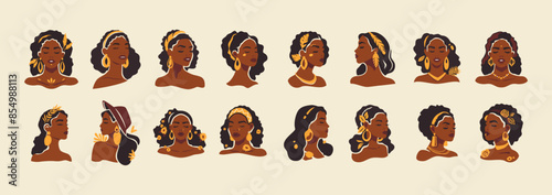 African woman fashion portrait boho golden jewelry accessories hand drawn paint wall art set