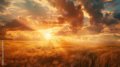 Sunset over golden wheat meadow with sun rays