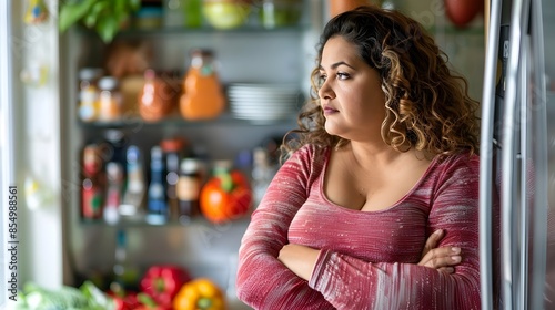Overweight Woman Standing by Fridge Contemplating Eating Decision © vanilnilnilla