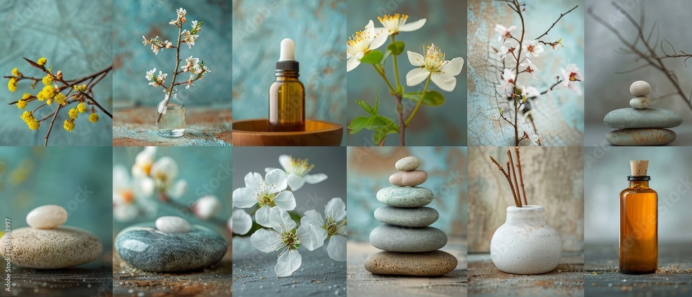 Obraz premium Collage of spa and wellness items, including essential oil bottles, flowers, stones, and tranquil setups for relaxation and meditation.