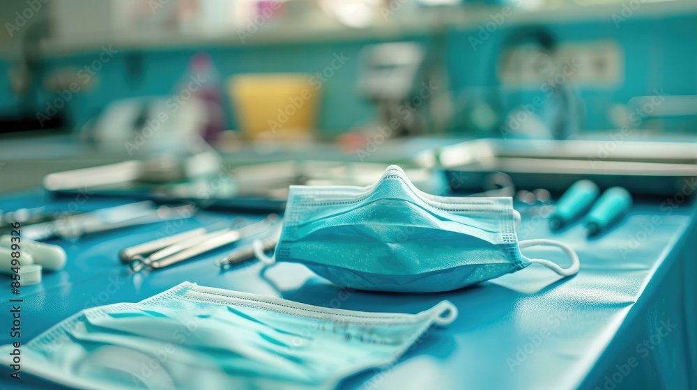 A close-up shot of a surgical mask and gloves on a sterile tray, with medical equipment and treatment tools arranged in the background, symbolizing preparation for medical procedures A close-up shot of a surgical mask and gloves on a sterile tray, with medical equipment and treatment tools arranged in the background, symbolizing preparation for medical procedures