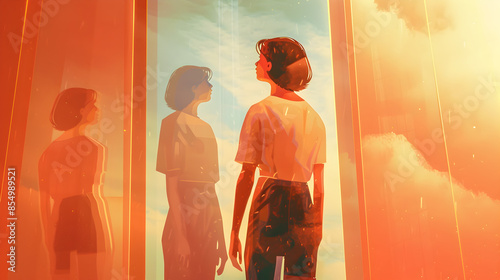 A person standing in front of a mirror, seeing reflections of their past, present, and future selves, illustration.


