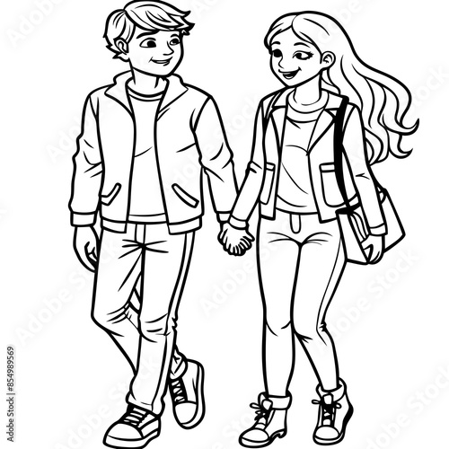 Vector illustration of  teen romantic couple walking