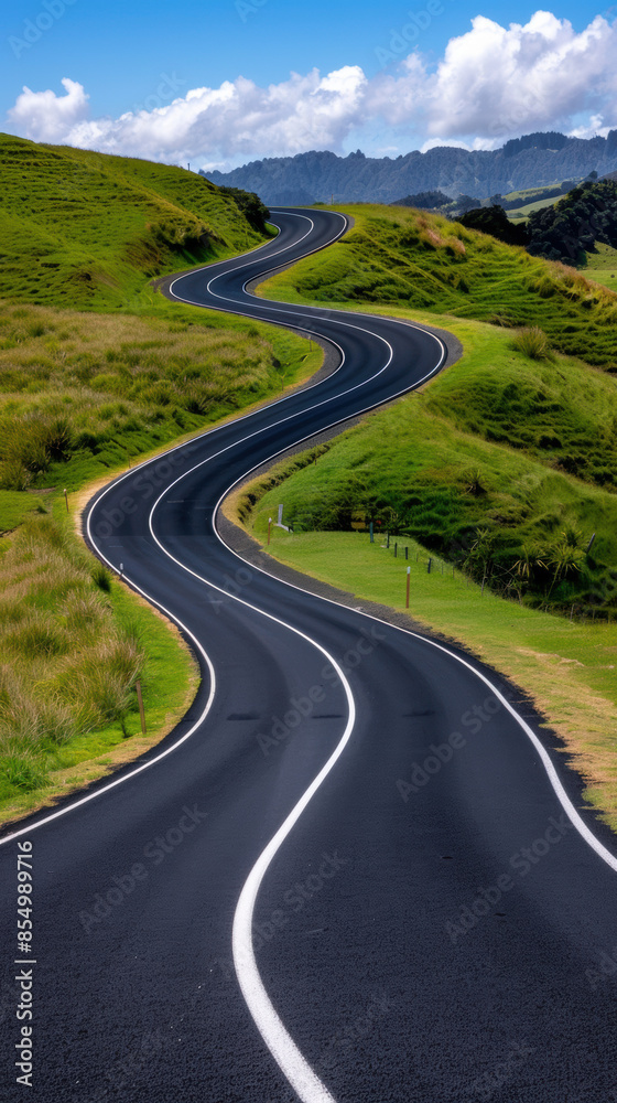 Fototapeta premium A long winding road with a grassy hillside in the background