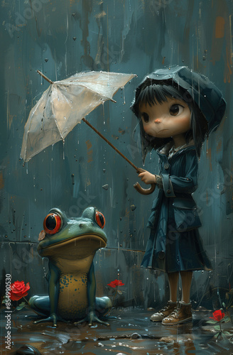 girl holding an umbrella and red rose, wearing a dark blue raincoat with a hood on her head standing next to a green frog. digital art illustration
