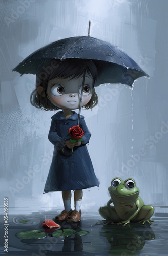 girl holding an umbrella and red rose, wearing a dark blue raincoat with a hood on her head standing next to a green frog. digital art illustration