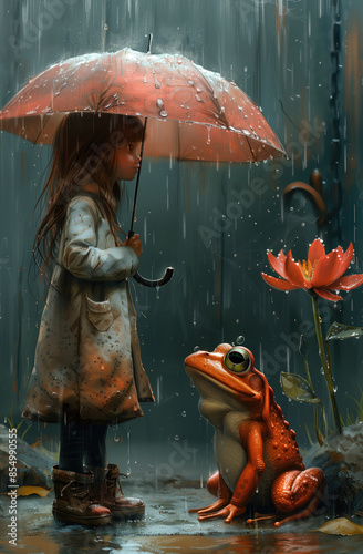 girl holding an umbrella and red rose, wearing a dark blue raincoat with a hood on her head standing next to a green frog. digital art illustration photo